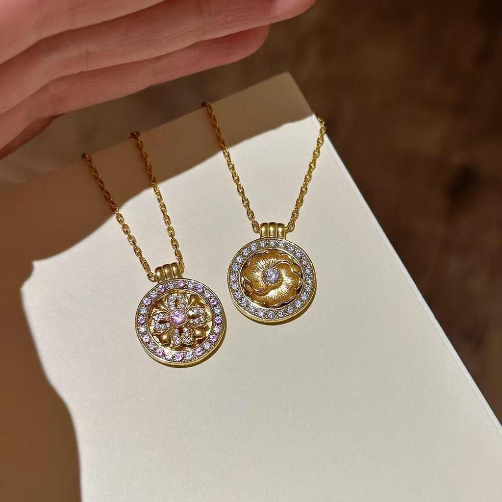 Gold-Plated Camellia Necklace with Inlaid Diamonds