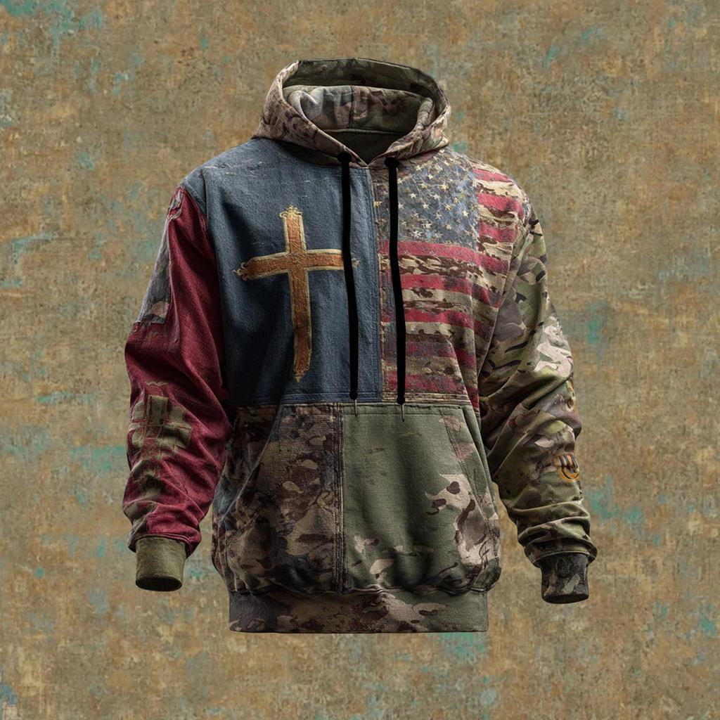 Men's Vintage Casual American Flag Cross Hoodie Patriotic Shirt
