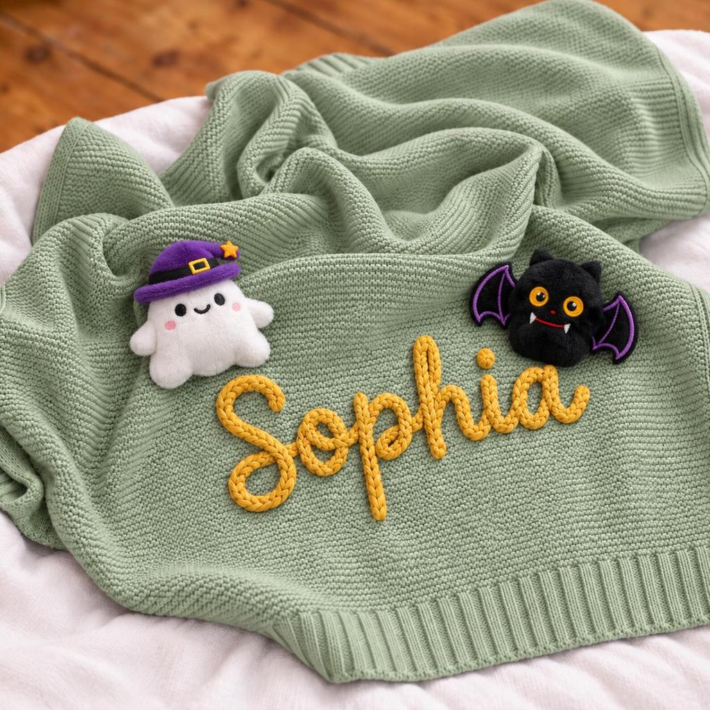 Personalized Halloween Baby Blanket, Custom Name Knit Blanket, Cute Ghost Bat Embroidery, Baby Halloween Gift, Newborn Keepsake Blanket
