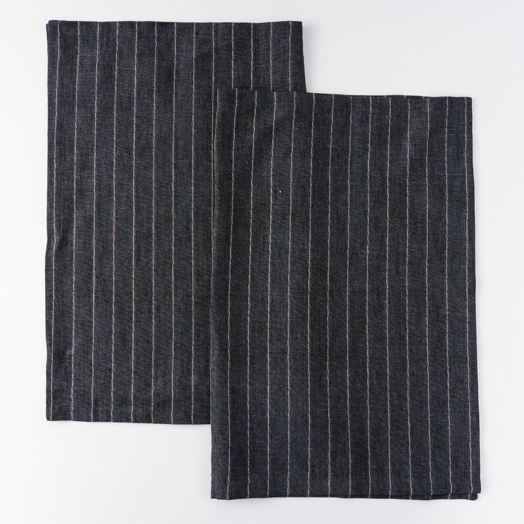100% Pure Linen Kitchen Towels Set of 2 - French Stripe Design 18 x 24 Inch Dish Hand Towels - Handcrafted from Flax Linen Tea Towels- Linen