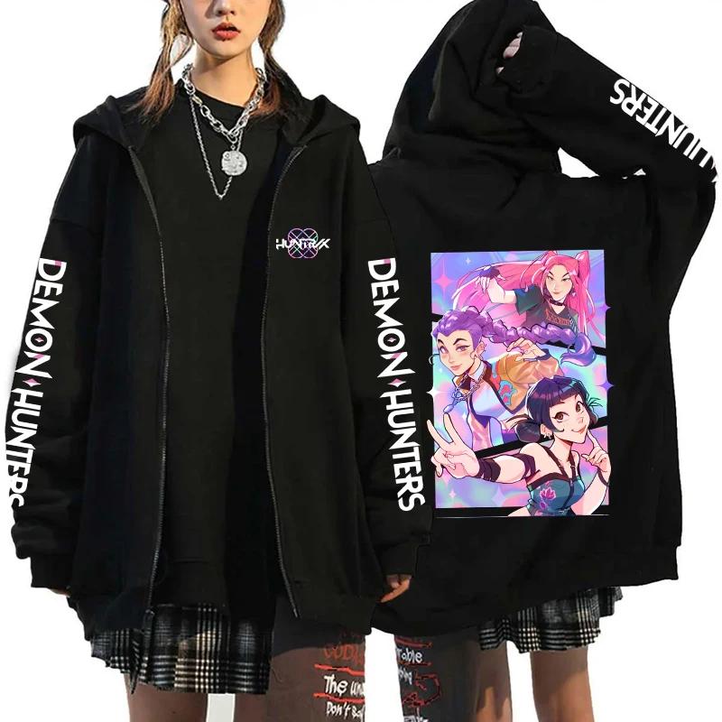 Hot Kpop Demon Hunters Printed Hoodies Hip-hop Zipper Hoodies Autumn Winter Streetwear Sweatshirt Women Men Long Sleeve Zip Coat