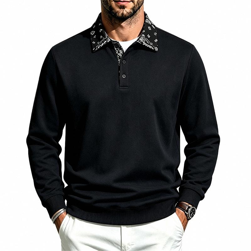 Men Patchwork Collar Sweatshirt Long Sleeve Button Pullover Tops Autumn Winter Casual Loose Fit Men's Sweatshirts Daily Male Clothing