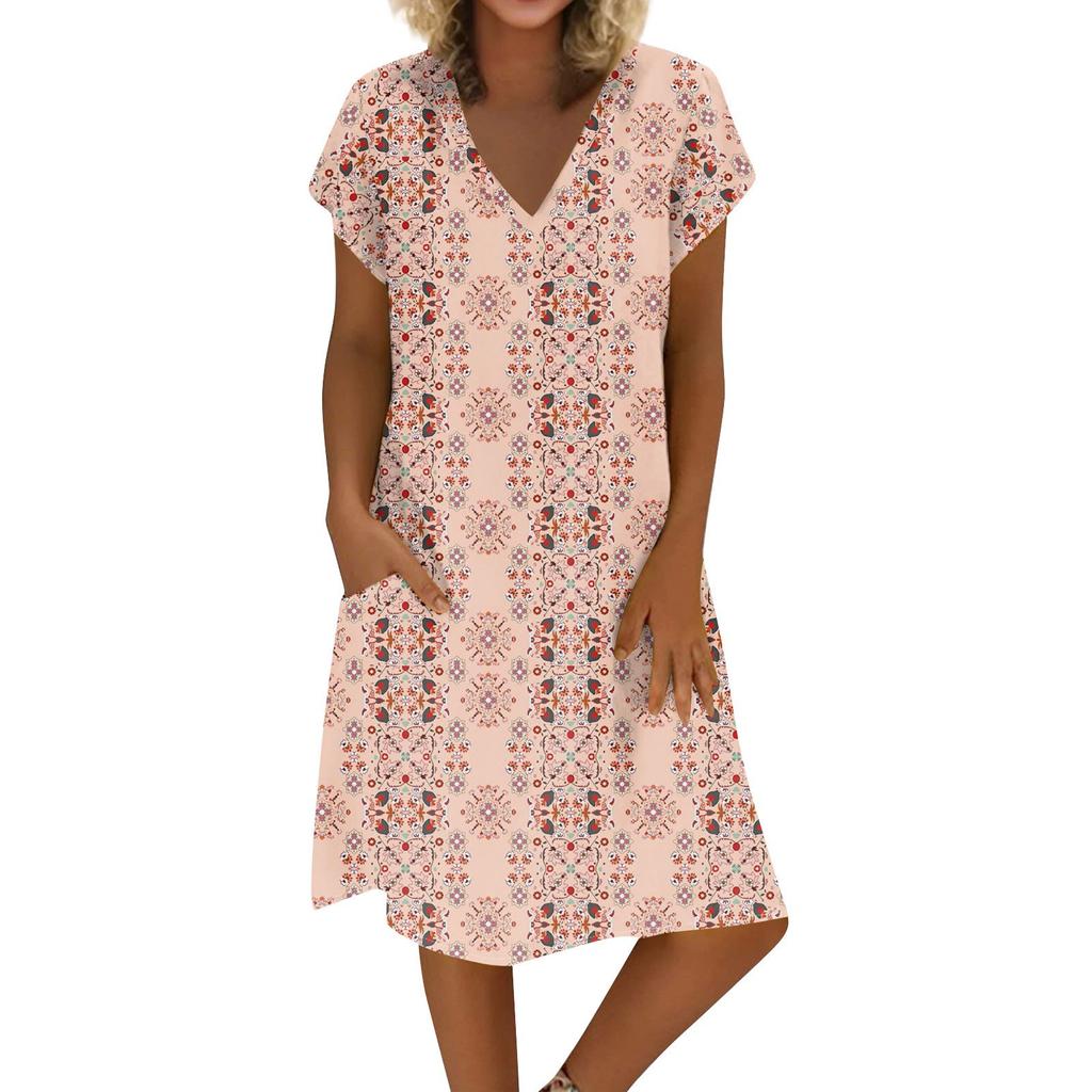 Women's Summer V-neck Short Sleeve Printed Cotton And Linen Dress