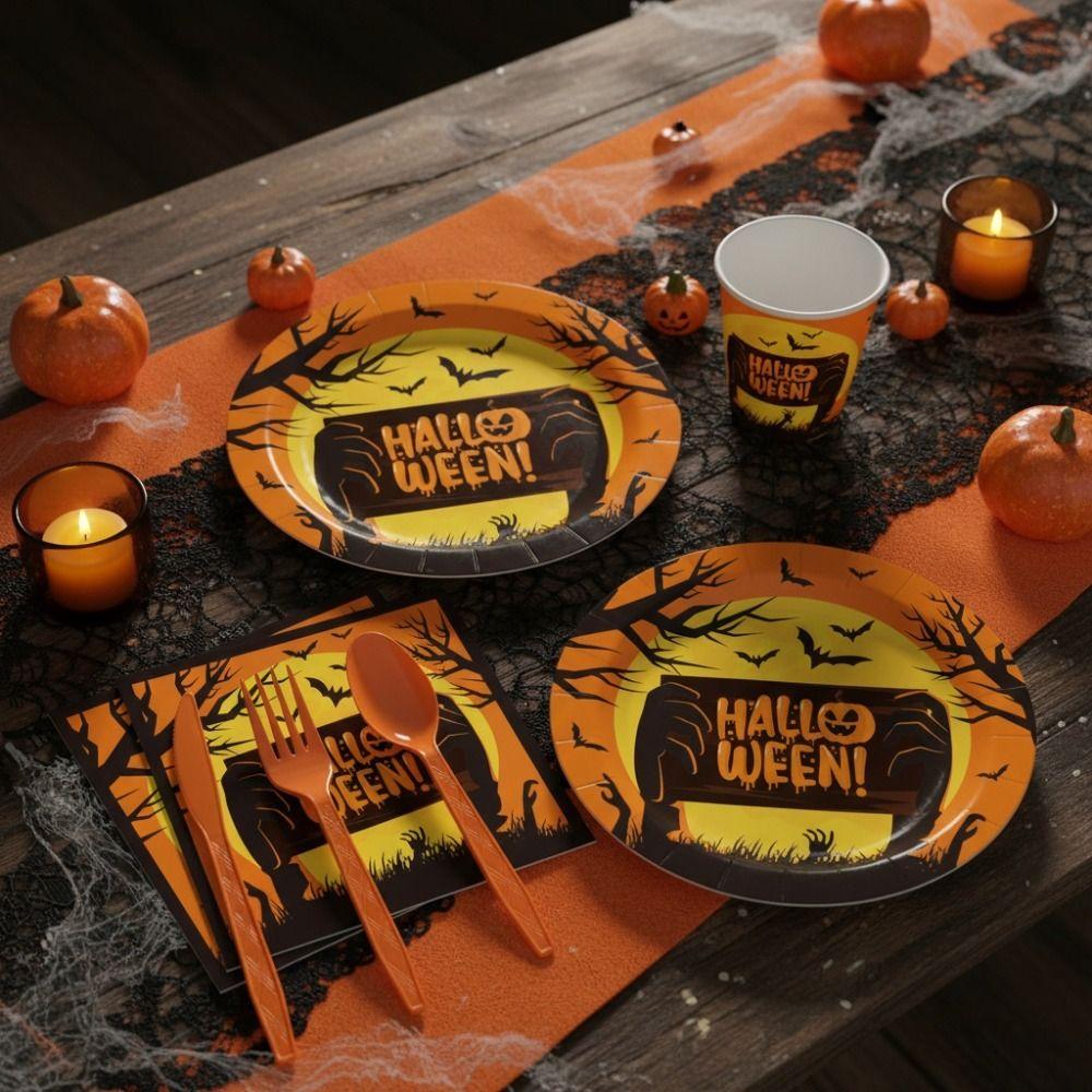 Decorative Disposable Plate Cup Set Pumpkin Pattern Disposable Utensils Set  Ghost Festival