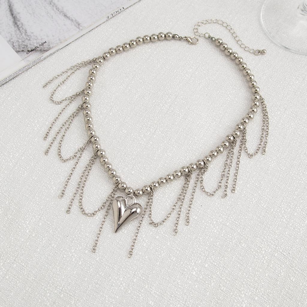 Women Beads Heart Pendant Necklace Tassel Clavicle Chain Adjustable Tassel Chain Party Jewelry Accessories