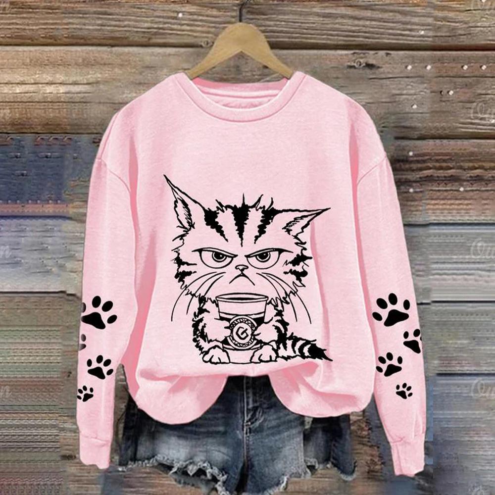 

Модные женские повседневные с длинным рукавом и круглым вырезом, симпатичные кошачьи топы, кошачий принт, свитера с животными, одежда для девочек Kawaii, топы S