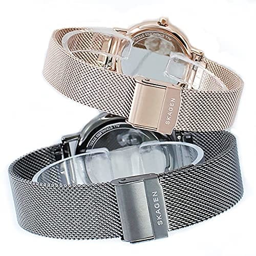 Skagen Signatur pair watch storage box for men and women, gray, pink gold, mesh, and stainless steel, SKW6577, SKW2837