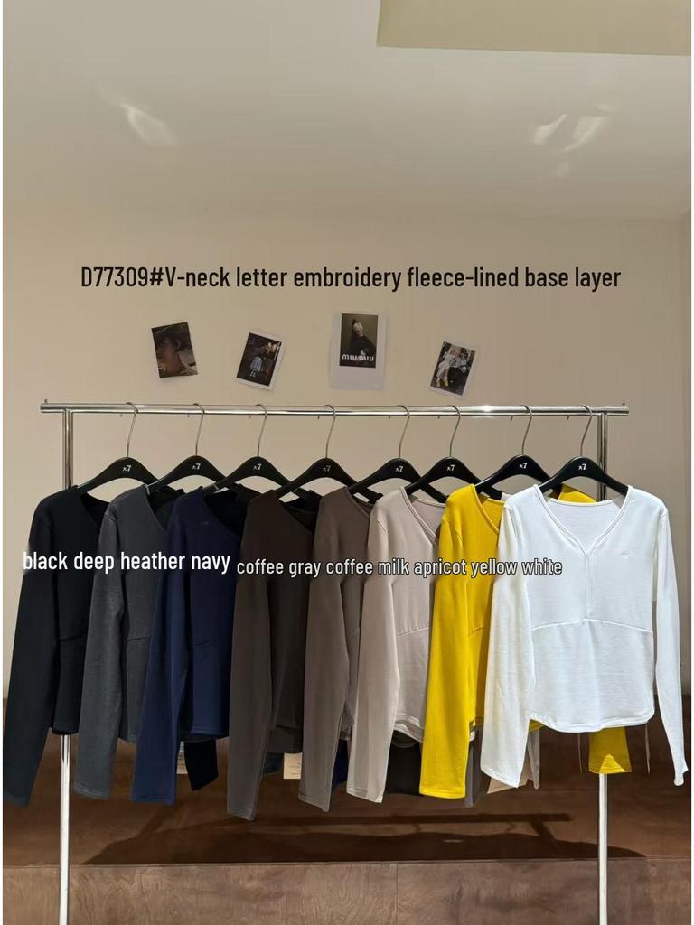 Women's Winter Korean Style V-Neck Fleece-Lined Long Sleeve Plus Size T-Shirt