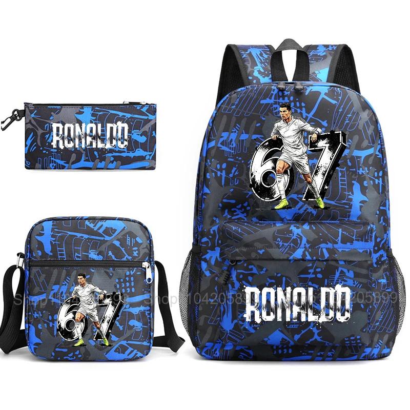 CR7 Ronaldo Backpack Football 67 Print School Bag With Shoulder Bag & Pencil Case For Student Boys Gift Daily Travel Rucksack