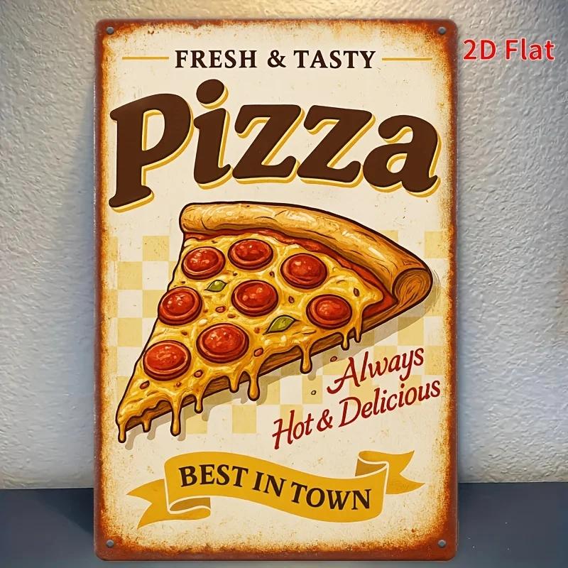 [2D Flat] Vintage Pizza Metal Wall Sign - 8x12 Inch Rustic Iron Tin Decor with Sausage Pizza & "Fresh & Tasty"  for Pizza Decor