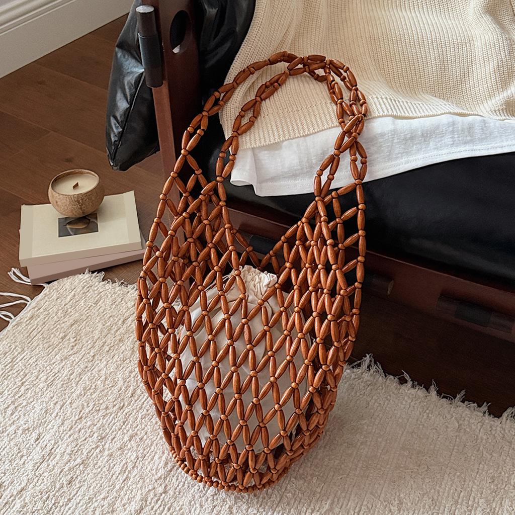 Borsa a Spalla Intrecciata con Perline da Donna Borsa a Secchiello da Spiaggia Traforata Grande Capacità Borse da Sotto Braccio Leggere per Viaggio Lavoro Appuntamenti