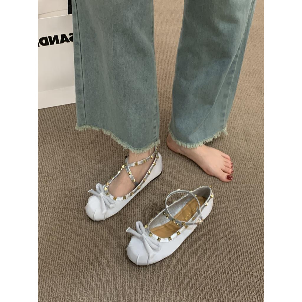 Xieyiren Fairy Rivet Ballet Shoes Girl 2025 Summer and Autumn New Bow Evening Wind Heightening Ladyshoes Single Shoes