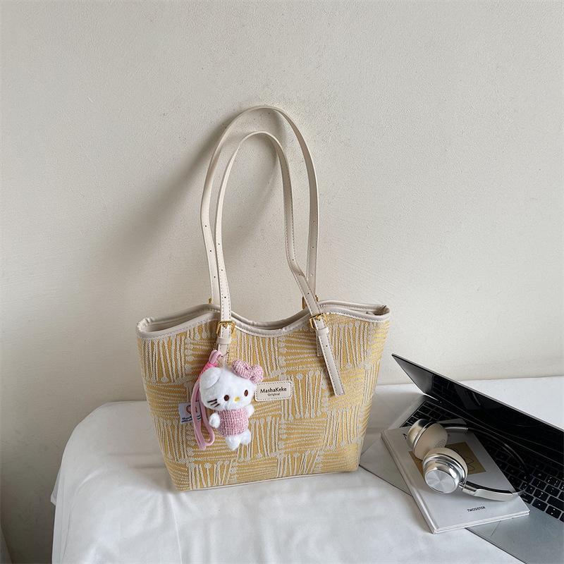 Striped canvas bag women's large-capacity new autumn and winter versatile casual shoulder bag college student class tote bag