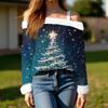 Women's Off-the-shoulder Plush Neck Printed Long-sleeved Pullover T-shirt Top