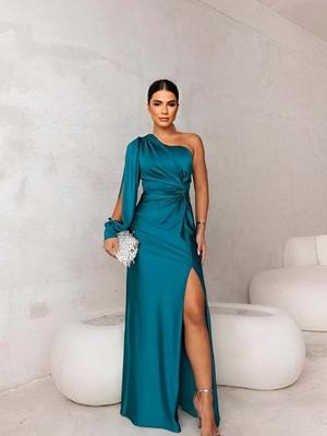 European & American Women's Pleated Satin High Slit Evening Gown - New Fashion