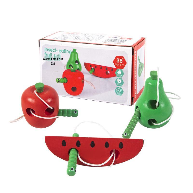 

Детская деревянная игрушка-шнуровка «Фрукты» для развития координации рук и глаз: Набор «Червь и Фрукт»