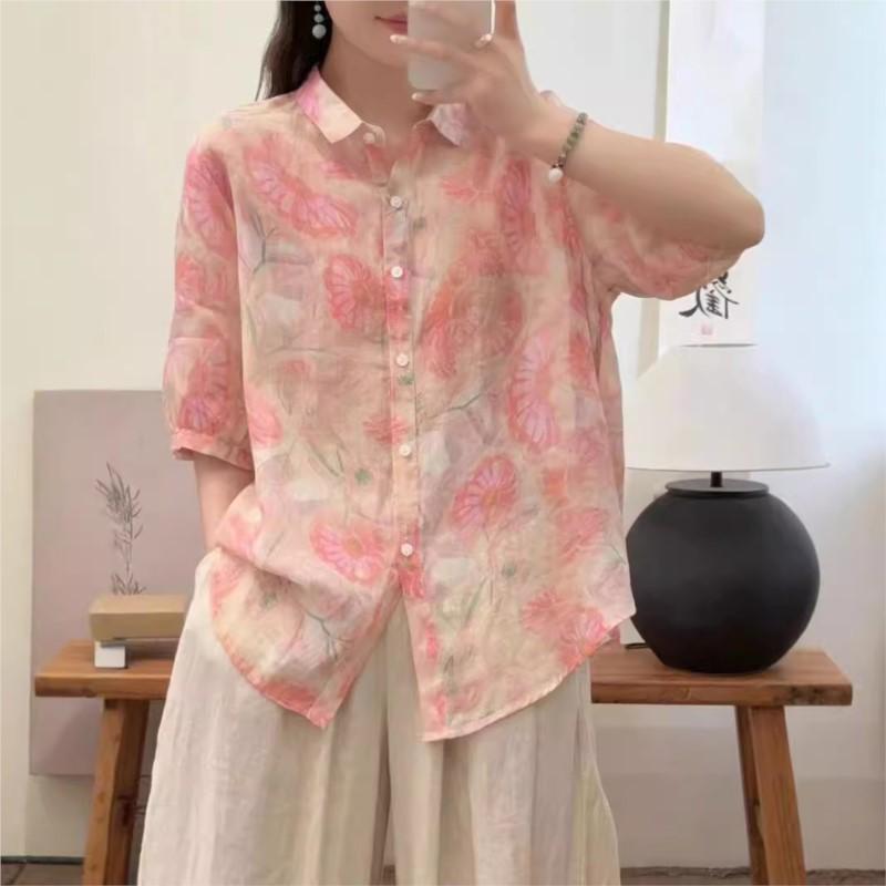 Johnature Women Vintage Print Floral Shirts Tops Turn-down Collar Seven Sleeve Blouses Summer Chinese Style Shirts