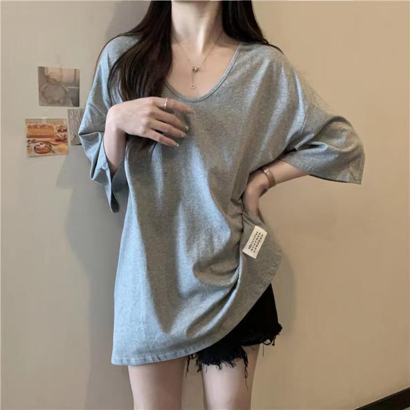 Cotton Short Sleeve Casual Loose T-shirt for Women Summer Fashion Solid Round Neck Plus Size T Shirt Woman Elegant Slim Simple Female Tee Tops 26294