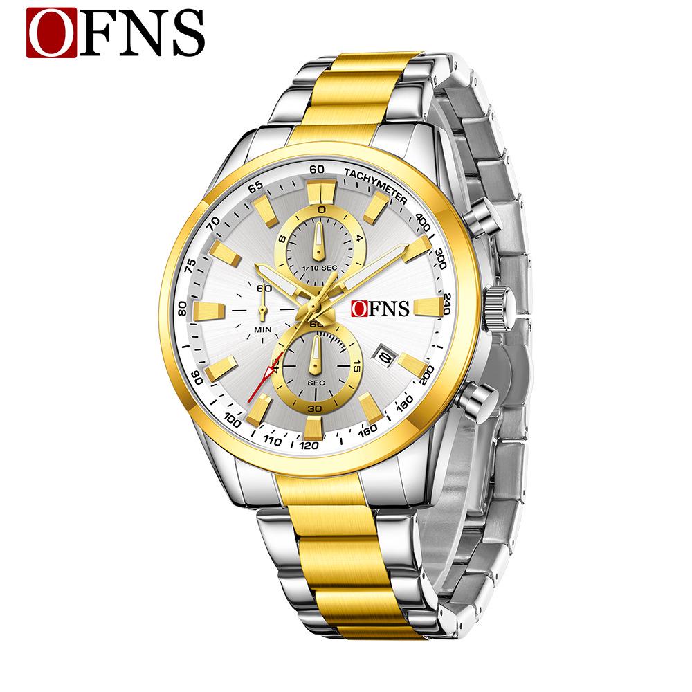 OFNS Cross-Border Men's Multifunctional Luminous Watch with Calendar and Sunburst Dial, Three Eyes, Six Hands, Waterproof.