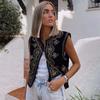 Sequin Embroidered Velvet Vest Tops Women Vintage Sleeveless O-Neck Black Vests 2023 Spring Causal Slim Street Lady Top