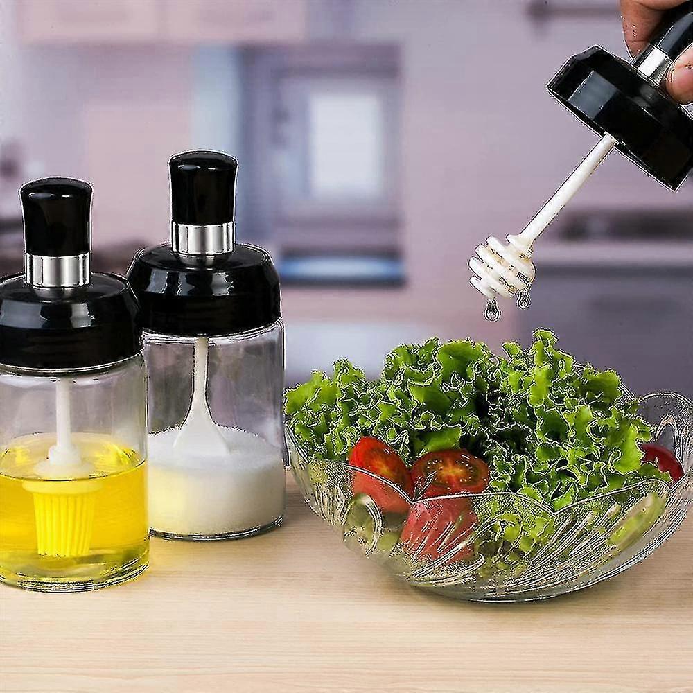 Sauce Jar Transparent Glass Combination Spoon With Lid Canisters Storing Seasoning Spices Salt Sugar 26-27s