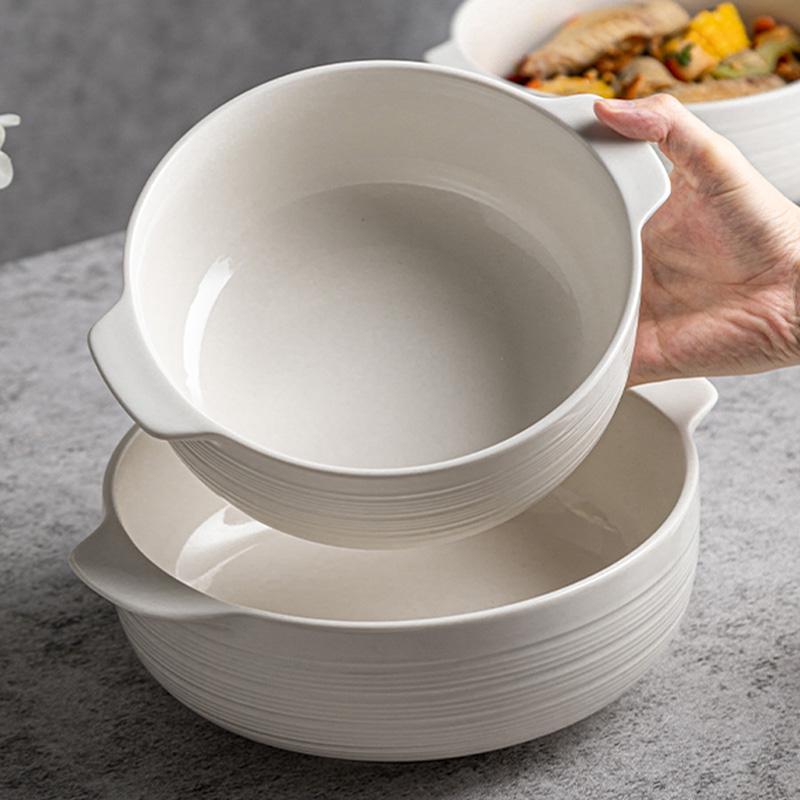 White Double-Ear Ceramic Soup Bowl, Large Noodle/Fish Basin, Anti-Scald, High-End Feel for Home Use