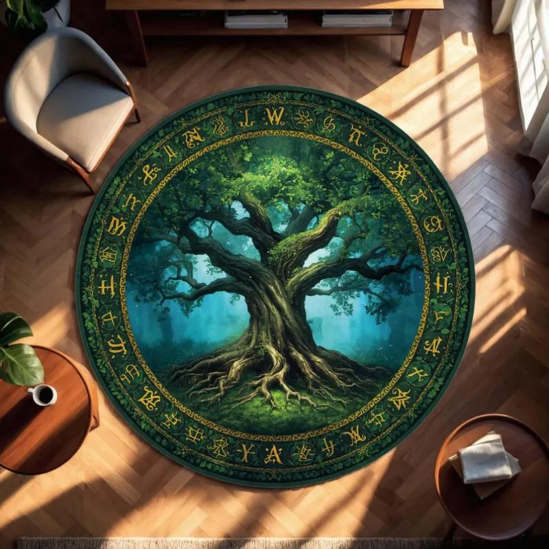 Gilded Tree of Life Flying Birds Round Rug Dark Luxury Print Non Slip Carpet Mystical Nature Mat Bedroom Office Decor