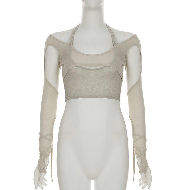 Neck segmentation hollow autumn and winter strap top women's T-shirt design slim long sleeve dancing fake two pieces deconstruction solid color