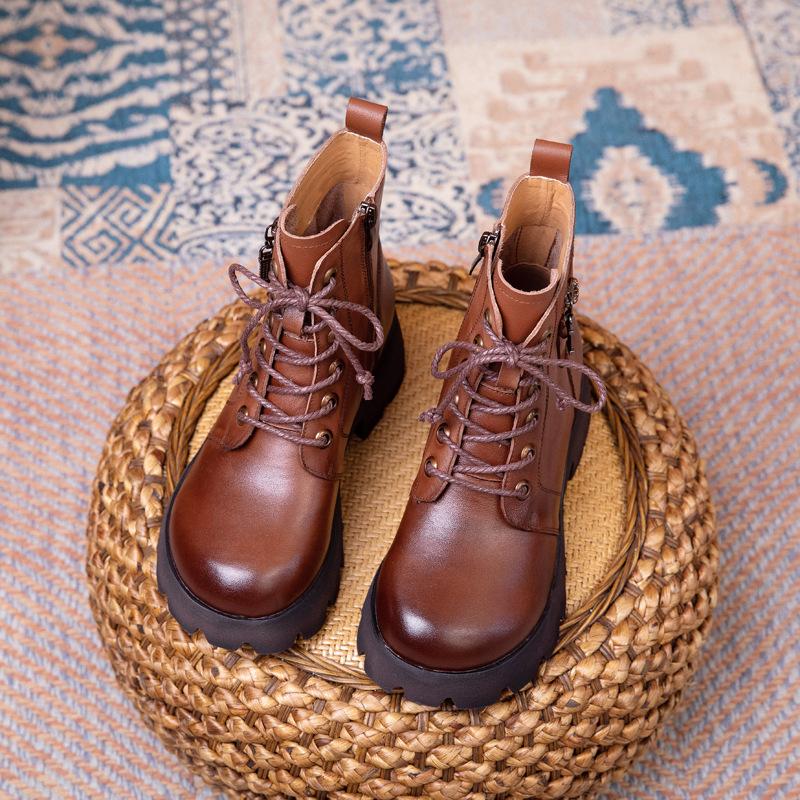 

Женская обувь из коровьей кожи первого слоя 2025 осень и зима новые ботинки Мартин женские британская мода платформа шнуровка женские кожаные туфли 40 коричневый