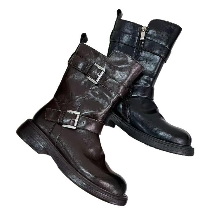 2025 autumn new European version Martin boots retro and old pleated short boots locomotive boots medium tube double buckle flat boots