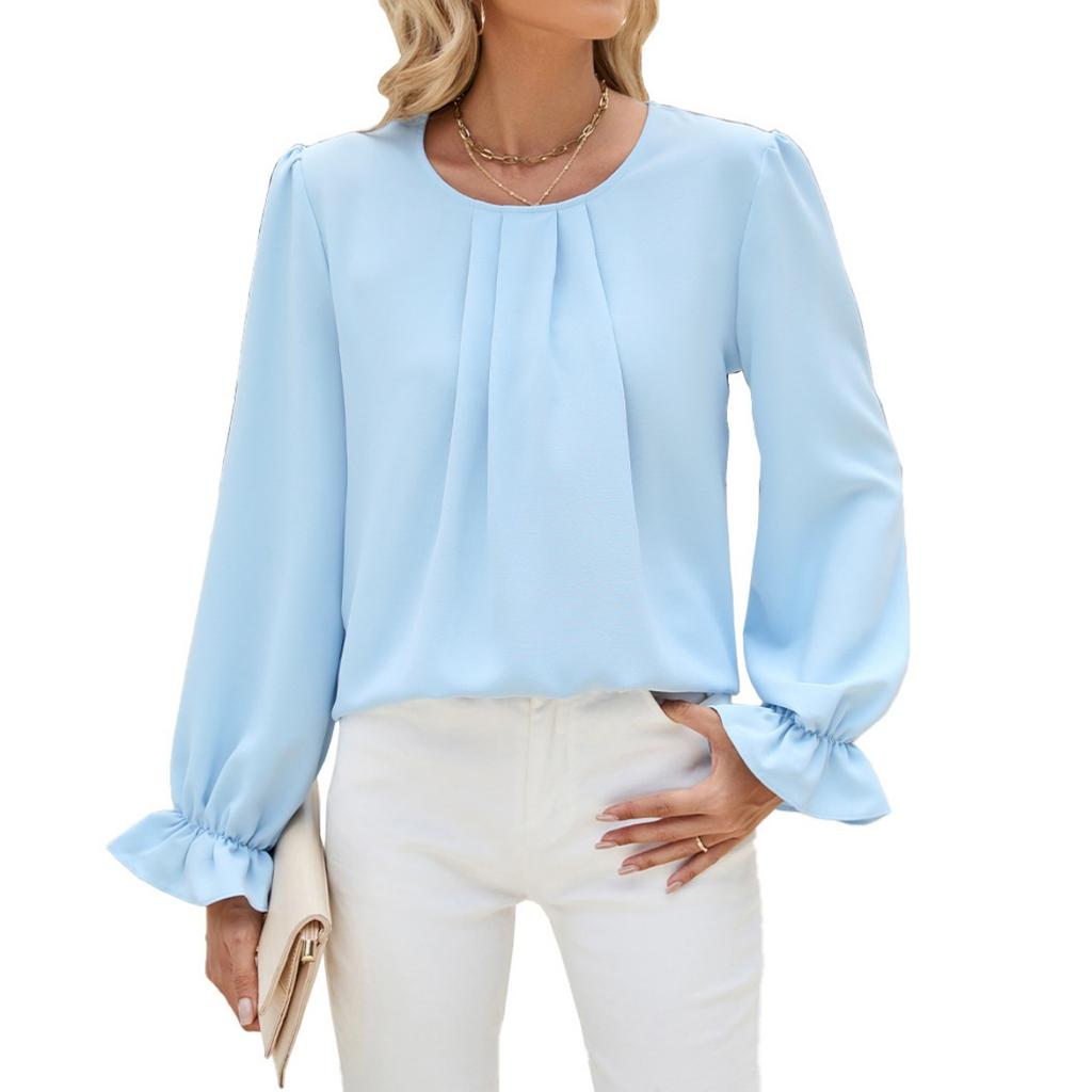 Fall Winter Solid Color Crew Neck Loose Long Sleeve Chiffon Top Base Shirt for Leisure Europe US Leisure Women