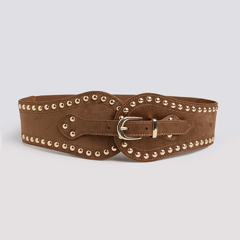 Women's Fashionable and Handsome Suede Rivet Elastic Wide Waist Seal Adjustable Western Style Elastic Waist Belt