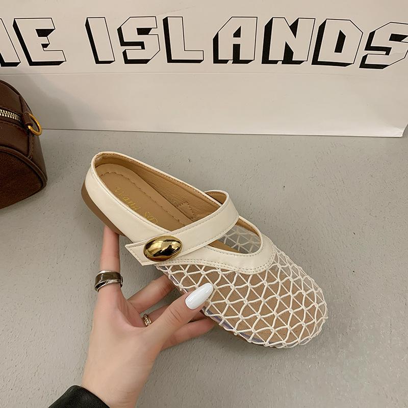 Plokščiapadžiai prancūziški maišelio formos priekio batai, pusiau šlepetės, lauko avalynė moterims, nauji tinkliniai kvėpuojantys ir patogūs minkštapadžiai sandalai 2025 m. vasarą