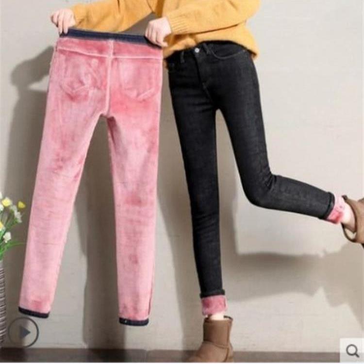 

Джинсы из бархатного денима для женщин, зимние, корейские, с высокой талией, эластичные, для маленьких ног, плотные, узкие брюки, длинные брюки 32