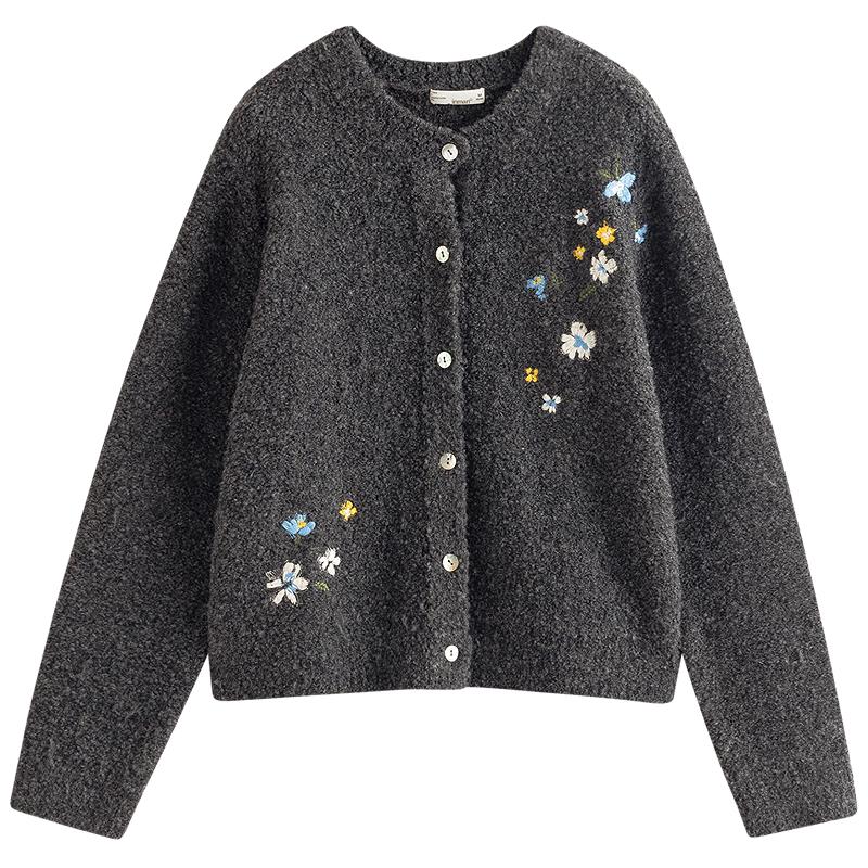 INMAN Women's Color-block Embroidered Wool Boucle Cardigan