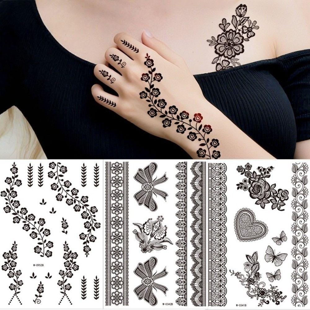 Black Mehndi Stickers Henna Tattoo Stickers Legs Arm Lace Fake Tattoo Temporary Tattoo India Flower Waterproof