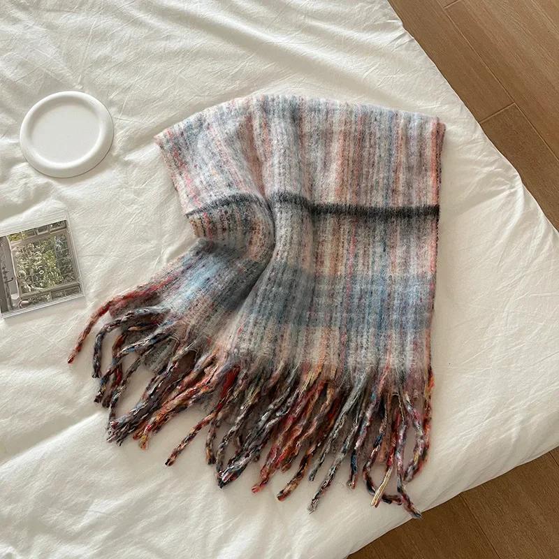 Chic Design Plaid Mohair Scarf Women Korean Version Streetstyle Imitation Cashmere Muffler Female Warm Soft Thick Shawl Ladies