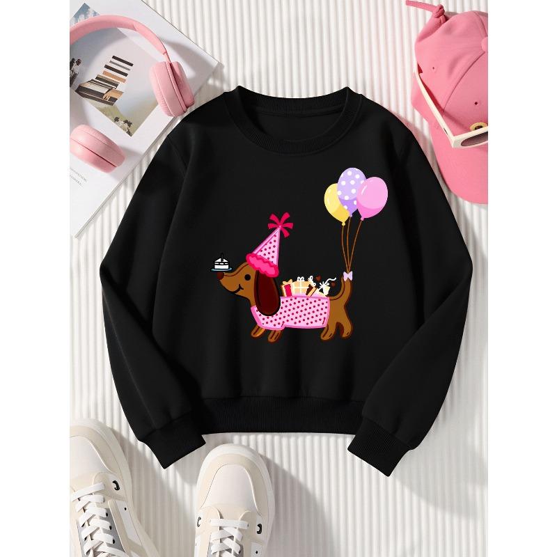 Girls Soft Crewneck SweatshirtDachshund Birthday Party Print with Balloons And Gifts with Cute Creative Print, Casual All-Match for Fall Winter