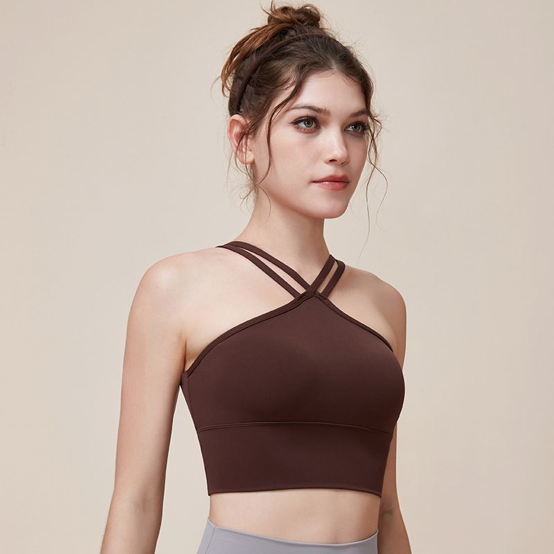 

New Ballet Style Double V Yoga Straps Sports Intimates Women s Fixed Cup Shockproof Bag Supernumerary Breast Fitness Bar Beauty Back Elastic S CHESTNUT