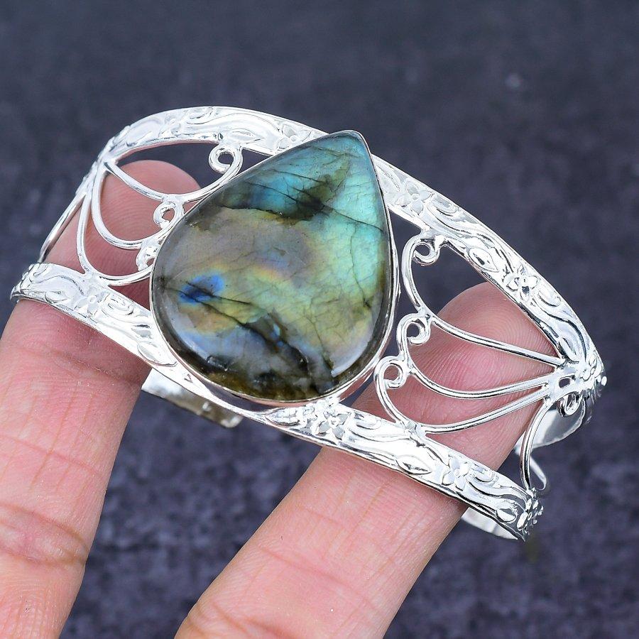 Natural Labradorite Gemstone 925 Sterling Silver Cuff Bangle Adjustable P3e30