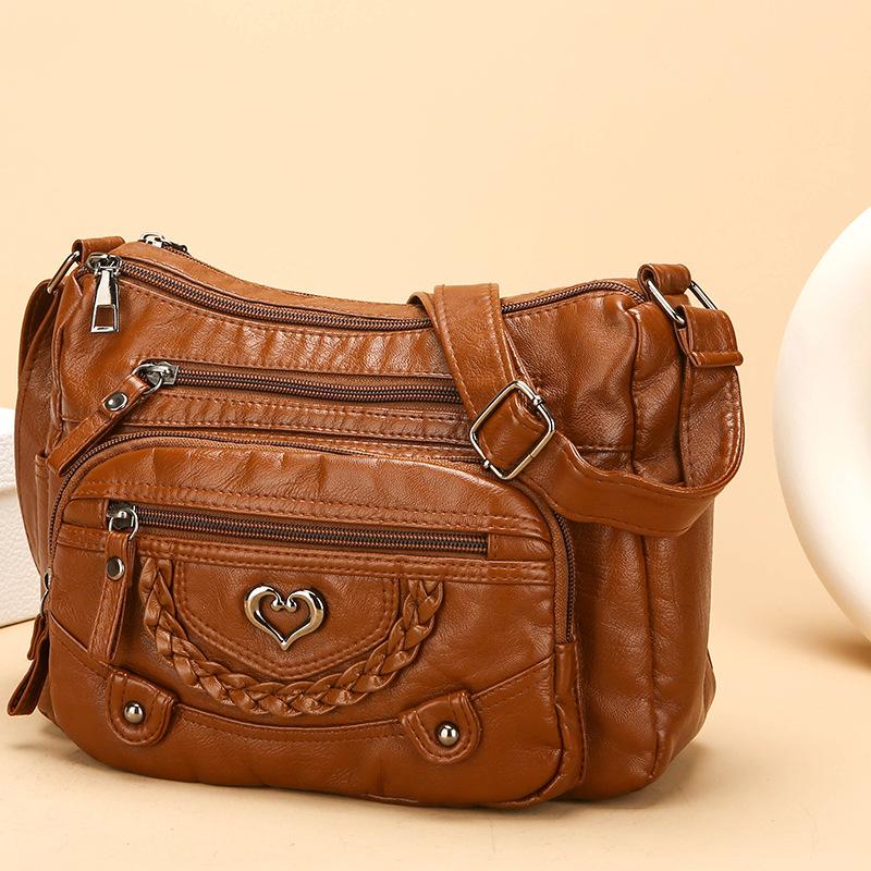 Vintage Crossbody Bag in Brown with Heart Accent - Adjustable Strap Multiple Zipper Pockets Small Crossbody Bag