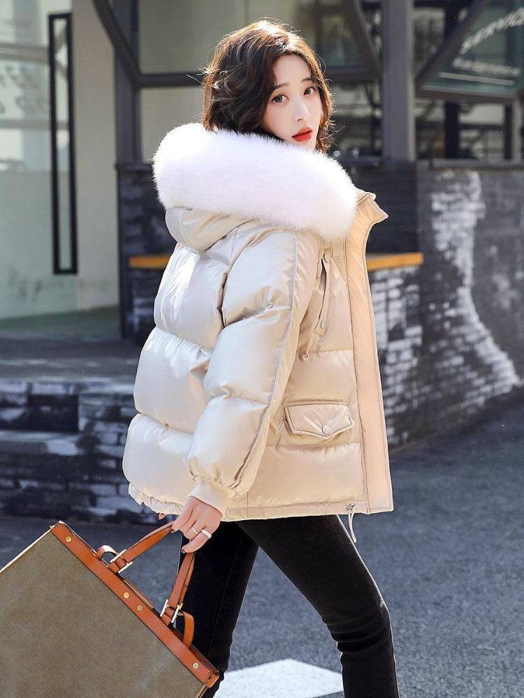 2024 Women Shiny White Duck Down Jacket Warm Loose Fit Short Wash Free Fur Collar