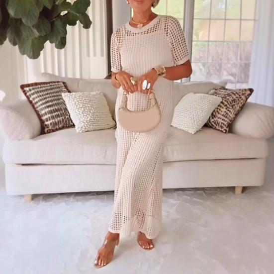 Women's Dress Cover Up Set Sleeveless Long Dress And Short Sleeve Knitted Hollow Cover Up