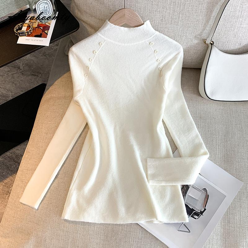 Autumn Winter Women Basic Simple Sweater Half High Collar White Black Brown Knitting Pullover Long Sleeve Ladies' Knitted Top