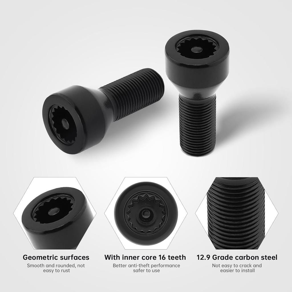 5pcs 36136786191 M14x1.25mm Wheel Lock Set Lug Nuts Bolt Fit for BMW Mini, I3 I8 M2 M4 F80 X2 X4 X6 with Master Key, Black Anti-Theft Wheel Stud Bolt