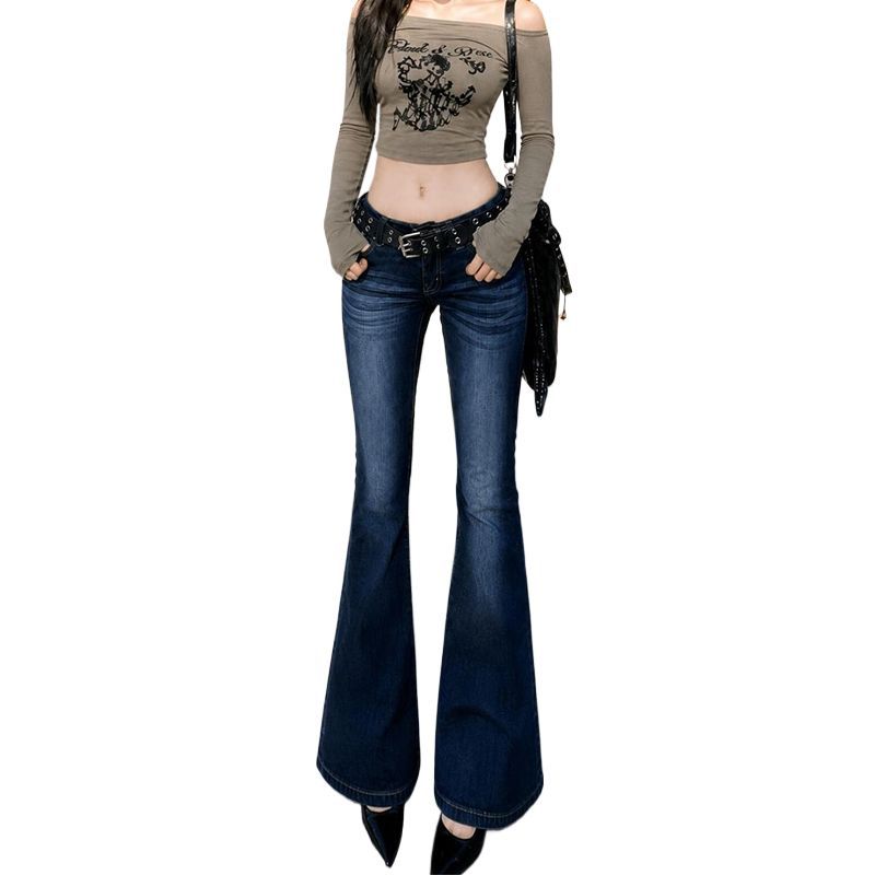 Retro design low-rise jeans women's autumn new American straight and thin casual elastic flared trousers