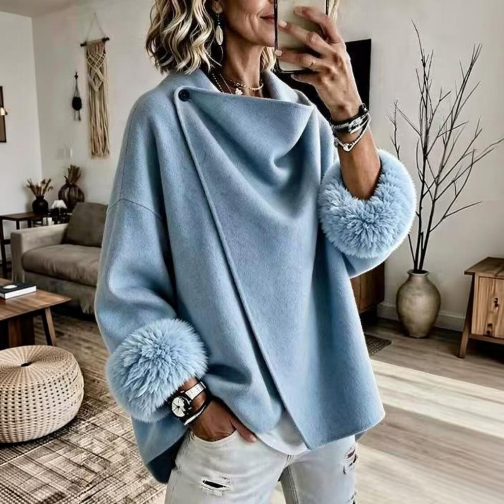 Women's Short Loose Fit Double-Faced Wool Coat with -Trim Cuffs, Color, European