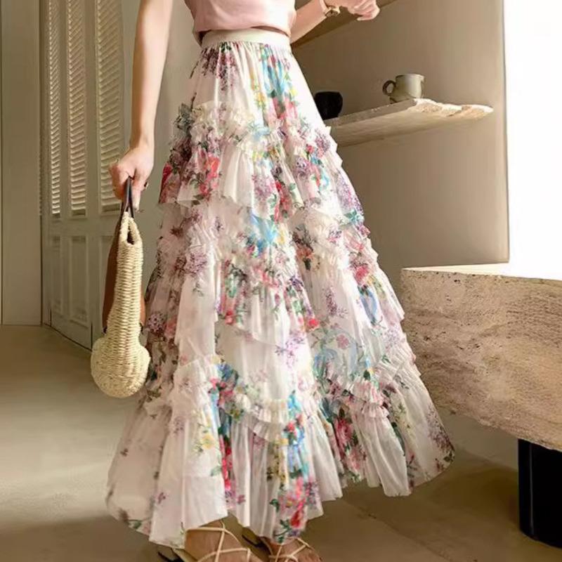 

Flower Print Irregular Mesh Floral Mesh Long Skirt Women Spring French Elegant Style A Line Tulle Skirts one size абрикосовий