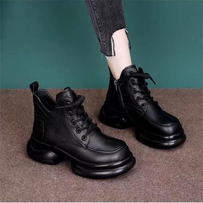 Sznurowane Buty, Pogrubione Podwyższające Obcas Buty, Retro Okrągłoczubek Wyszczuplające, Uniwersalne Damskie Buty