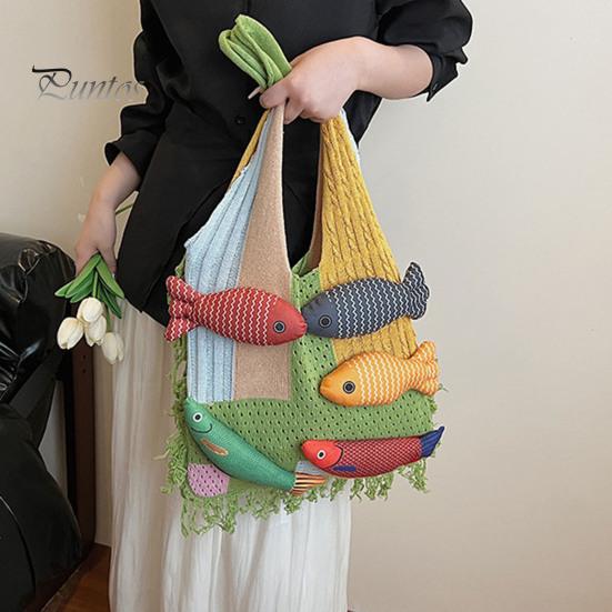 Fish Decoration Knitted Bag 3D Tote, Patchwork Shoulder with Tassels, Colorful Boho Women Purse for Daily Commuting Travel Shopping Practical Sundries
